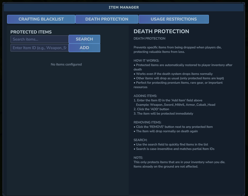 Item Manager death handling UI