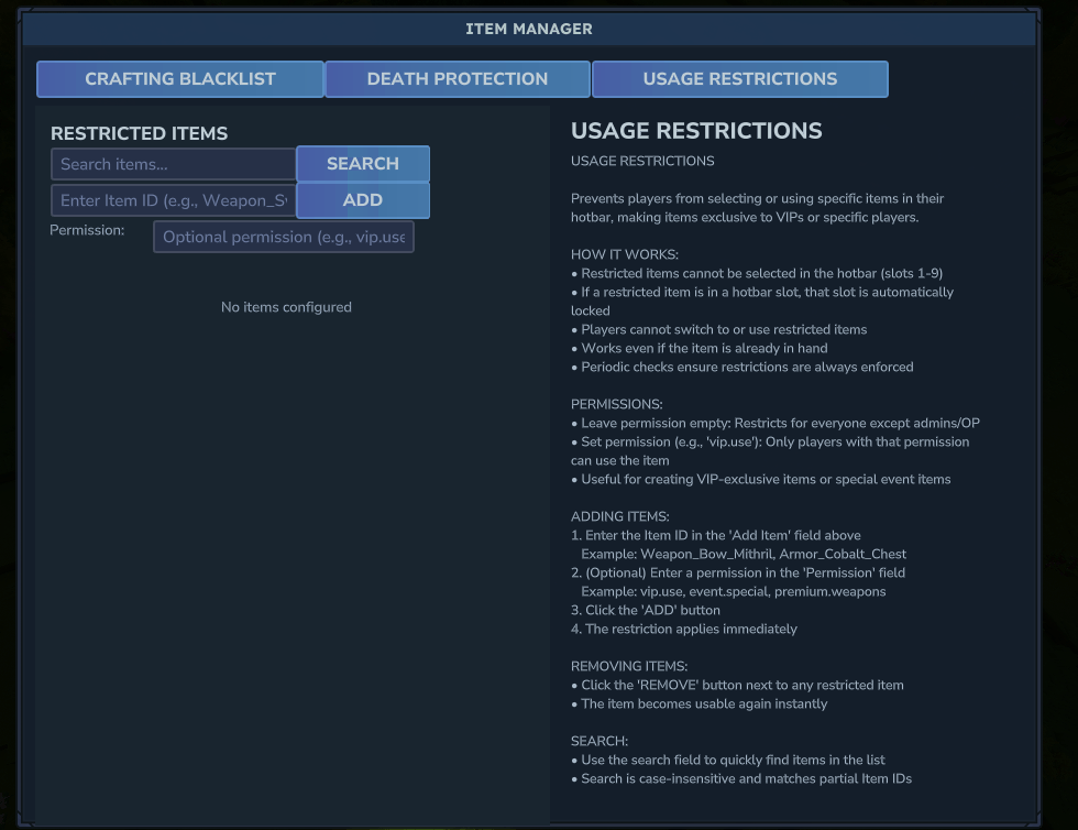 Item Manager restricted items UI